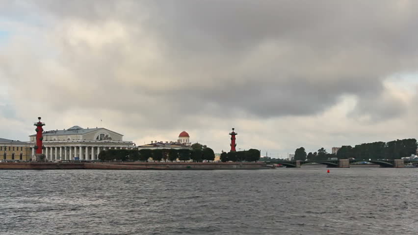 The Stock Exchange, Rostral Columns and Exchange Bridge seen from the Neva River, timelapse, St. Petersburg, Russia