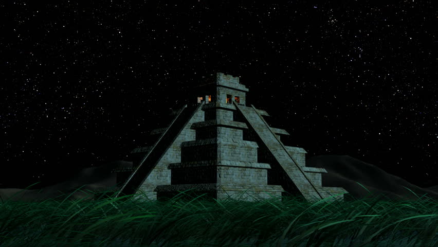 A slow zoom in on a Mayan pyramid as the night sky turns ominously.