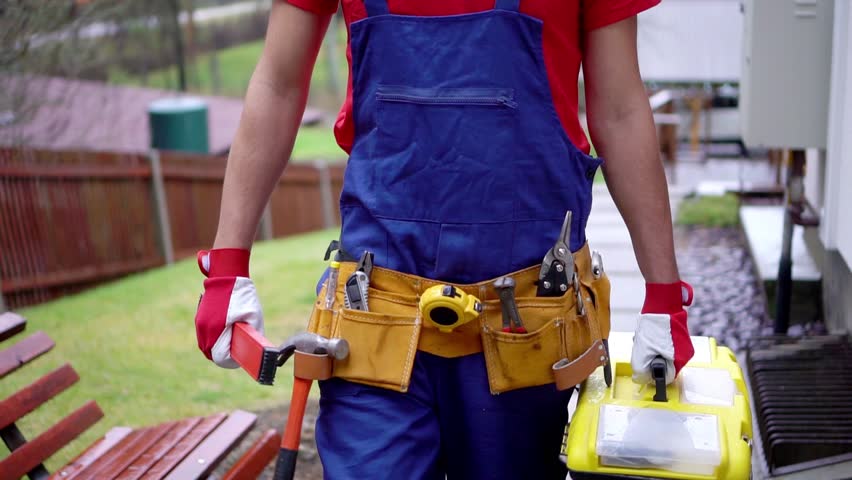 handyman services - worker with tool box going to client house Royalty-Free Stock Footage #22112476