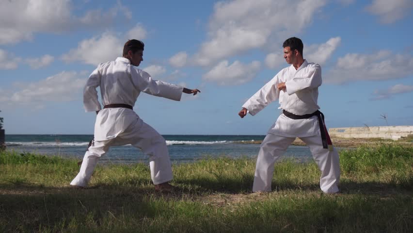 Young people, children, athletes, sport activity, combat and extreme sports, hispanic men exercising in karate and traditional martial arts. Simulation of fight on the beach near the sea
