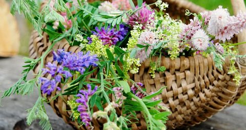 Wild flowers in a wicker basket.