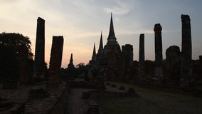 Footage, Ancient ruins of the temple Wat Phra Sri Sanphet  national historic site at twilight time in Ayutthaya, Thailand.
