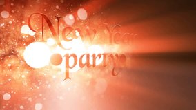 Epic orange New Year party seamless loop video title with cinematic rays and snow bokeh depth of field effect. The holiday is coming. 