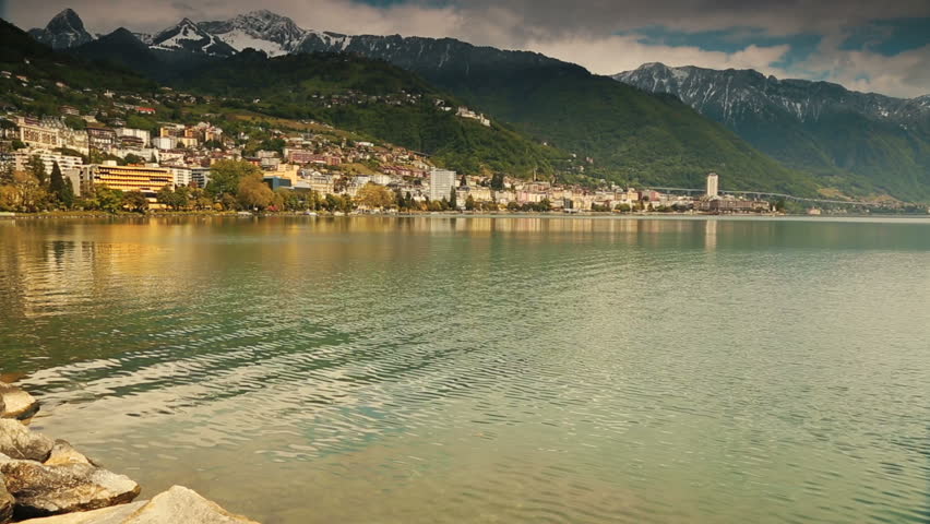 A panning shot across the bay of Montreux, Switzerland. Montreux is located on Lake Geneva at the foot of the Alps