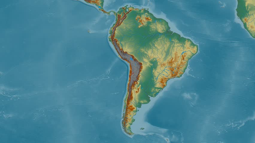 Zoom into Andes mountain range - masks. Relief map. High resolution ASTER GDEM data textured
