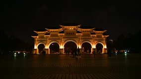 Time lapse, Front gate of National Taiwan Democracy Memorial Hall ( Chiang Kai-shek Memorial Hall ) at night, Taipei, Taiwan