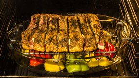 Time lapse video of cooking pork loin in oven