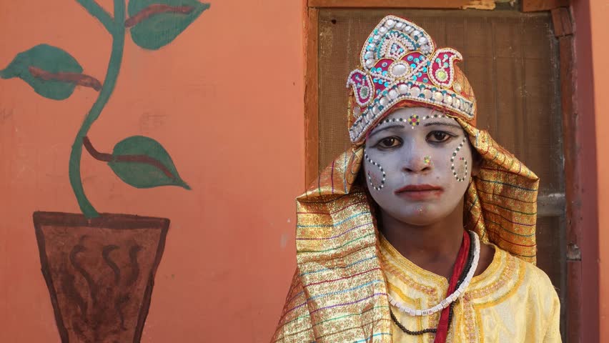 Young Girls Dressed As Hindu Goddess With Make Up And Traditional Clothing At The Pushkar Mela Festival In Rajasthan India