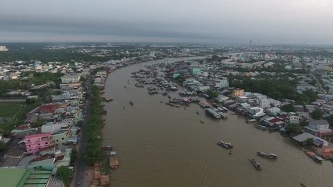CAN THO, VIETNAM - DEC 03,2016: Traditional floating market ( Cai Rang ) on Mekong delta, Can Tho city, Vietnam. From aerial view or drone 