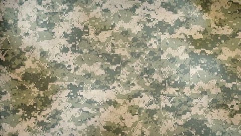 Camouflage seamless animated pattern, military background. Waving camo green fabric texture background. Full HD video 1080p.