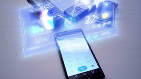 Holographic display of smartphone. Futuristic holographic technology progress: smartphone on a table in the office, after incoming the call appears holographic display with phone interface projection. - Powered by Shutterstock - Get 15% off with code: PIKWIZARD15