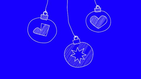 Three Christmas pendants hand drawn animation with Tree Bauble, hearts, boots with different shapes and sizes hanging done from a string on a blue background