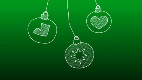 Three Christmas pendants hand drawn animation with Tree Bauble, hearts, boots with different shapes and sizes hanging done from a string on a deep green gradient background