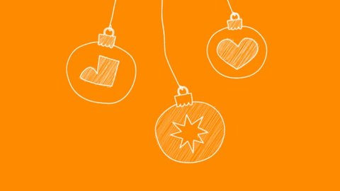 Three Christmas pendants hand drawn animation with Tree Bauble, hearts, boots with different shapes and sizes hanging done from a string on a orange background