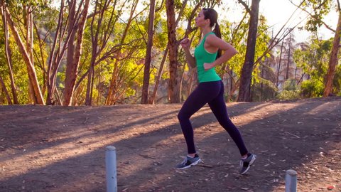 Athletic Woman Working Out. Running along a path through the woods.