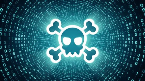 White skull icon form cyan binary tunnel on black background. Cyber security concept. Seamless loop. More icons and color options available in my portfolio.