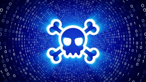 White skull icon form white binary tunnel on blue background. Cyber security concept. Seamless loop. More icons and color options available in my portfolio.