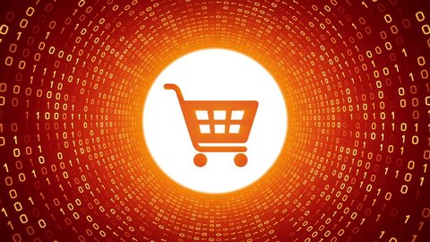 Orange shopping cart icon form yellow binary tunnel on orange background. Online shopping concept. Seamless loop. More icons and color options available in my portfolio.