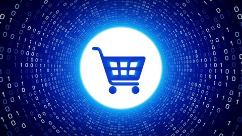 Blue shopping cart icon form white binary tunnel on blue background. Online shopping concept. Seamless loop. More icons and color options available in my portfolio.