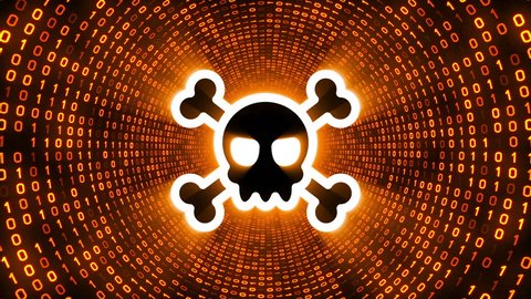 White skull icon form gold binary tunnel on black background. Cyber security concept. Seamless loop. More icons and color options available in my portfolio.