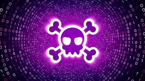 White skull icon form white binary tunnel on violet background. Cyber security concept. Seamless loop. More icons and color options available in my portfolio.