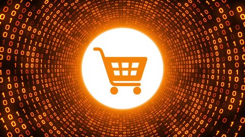 Orange shopping cart icon form gold binary tunnel on black background. Online shopping concept. Seamless loop. More icons and color options available in my portfolio.