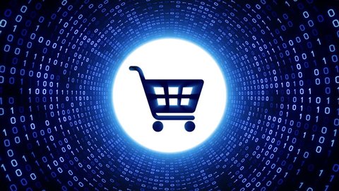 Blue shopping cart icon form white binary tunnel on black background. Online shopping concept. Seamless loop. More icons and color options available in my portfolio.
