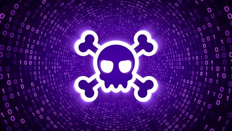 White skull icon form white binary tunnel on purple background. Cyber security concept. Seamless loop. More icons and color options available in my portfolio.