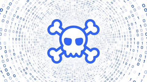 Blue skull icon form blue binary tunnel on white background. Cyber security concept. Seamless loop. More icons and color options available in my portfolio.
