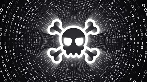White skull icon form white binary tunnel on black background. Cyber security concept. Seamless loop. More icons and color options available in my portfolio.