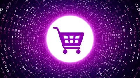 Violet shopping cart icon form white binary tunnel on violet background. Online shopping concept. Seamless loop. More icons and color options available in my portfolio.