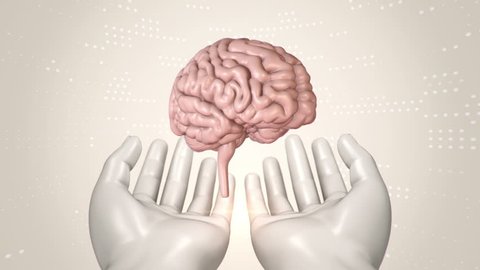 Abstract background with animation of rotation Brain in abstract hands of human. Animation of seamless loop.