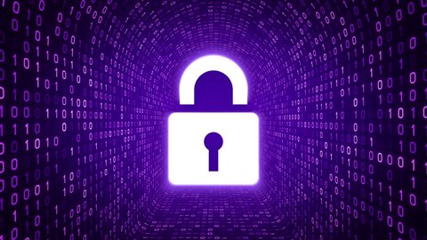 White lock icon form purple binary tunnel on purple background. Computer security concept. Seamless loop. More icons and color options available in my portfolio.