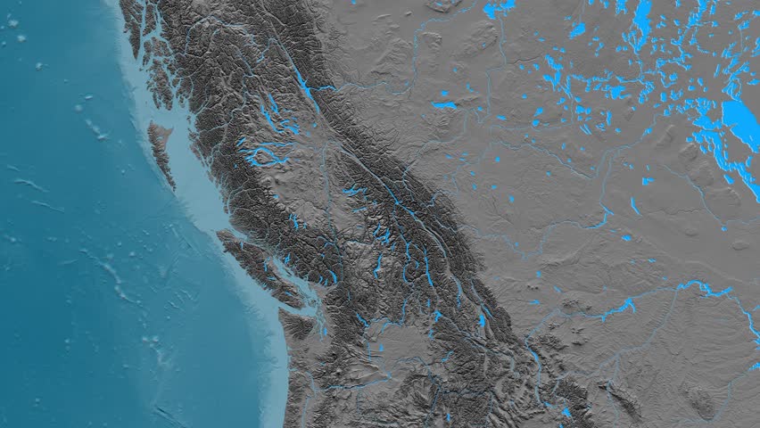 Zoom into Columbia mountain range - masks. Elevation map. High resolution ASTER GDEM data textured