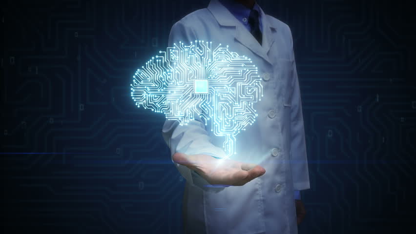 Doctor open palm, Brain CPU chip, grow artificial intelligence