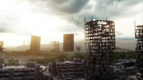 Apocalypse city in fog. Aerial View of the destroyed city. Apocalypse concept. Super realistic 4k animation.