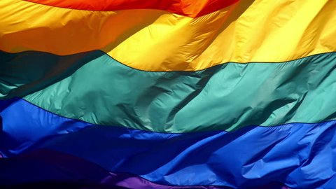 Slow motion gay pride flag blowing in the wind. : vidéo de stock