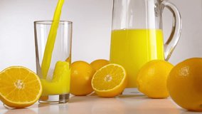 A slow motion shot of orange juice being poured into a glass.