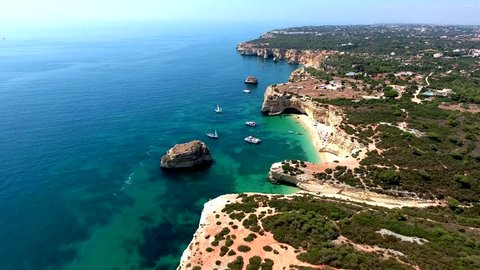 Aerial view of the Algarve Coast between Praia da Marinha beach and  Nossa Senhora da Rocha beach, Algarve south of Portugal