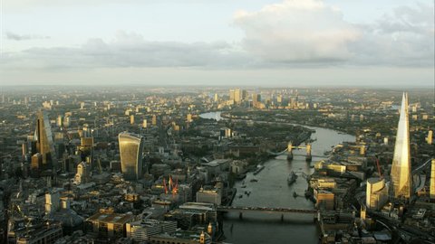 Aerial view at sunset of the city of London UK with the River Thames 
