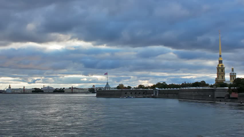 Vasilevsky Island, and Peter and Paul Fortress, timelapse. St. Petersburg, Russia