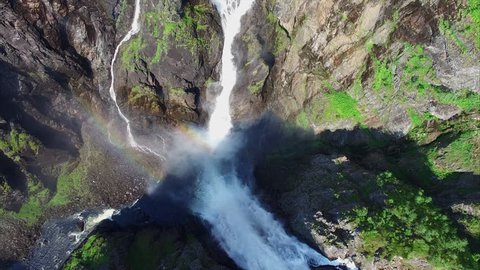 Aerial view of famous Voringfossen waterfall in Norway on sunny summer day.
