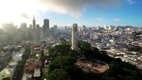 Aerial view of Coit tower and San Francisco cityscape 