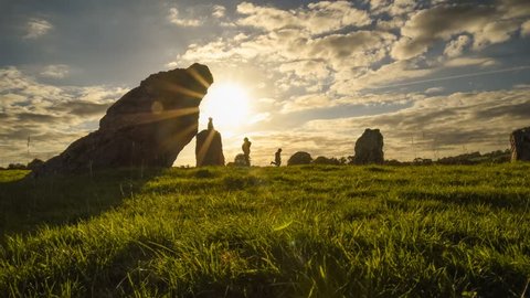 Stone circle henge at sunset, Stanton Drew, Somerset, England