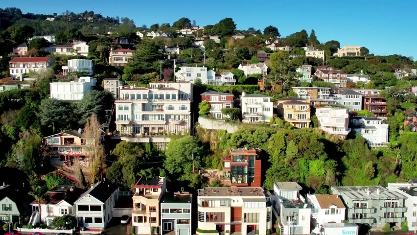 Aerial view of San Francisco hillside houses by ocean 5