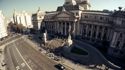 Aerial images with drone of the Congress and the street. The National Congress in Buenos Aires, Argentina