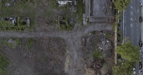 Aerial view of spooky abandoned house in Brooklyn New York