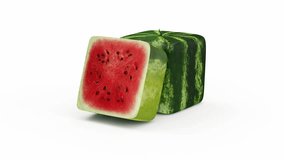 Seamless Looping Animation of Sliced Cube Watermelon on white background. 4K Ultra HD 3840x2160 Video Clip