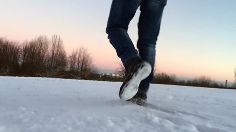 foot feet steeps. hiking walking. slow motion. snow winter landscape