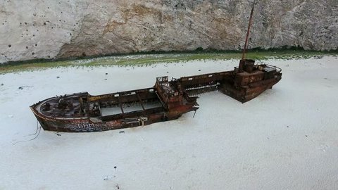 Dramatic Aerial Footage Shipwreck Bay,  Navagio Beach, Zakynthos, Greece